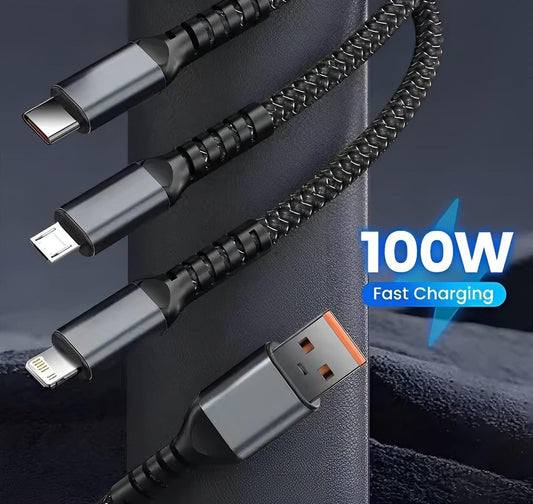 Recharge Anywhere with Our 3 in 1 Charging Cable – 1 Pcs Black Copper Core